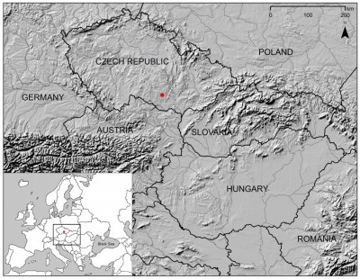 Figure 1. Map of Central Europe; the red dot indicates the location of Mohelno.